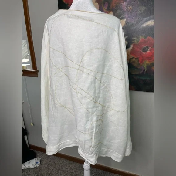Cynthia Ashby White Linen Cream Abstract Art Stitch Oversized Tunic XL Retail219 - Picture 7 of 12